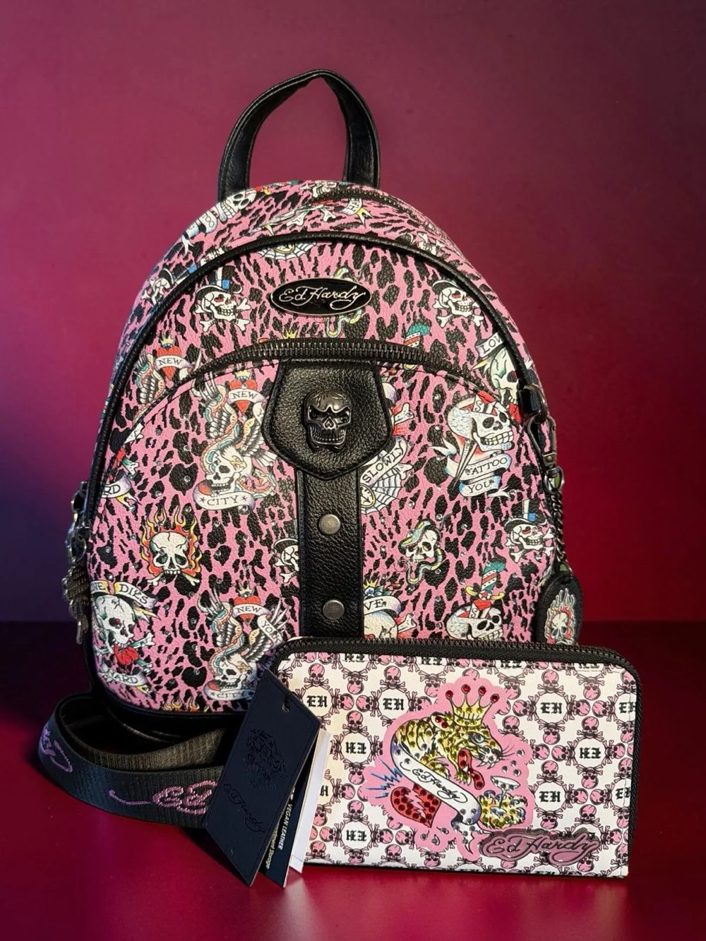 Ed Hardy NWT Pink Leopard Skull Tattoo Mini Backpack & Matching Wallet (P246)